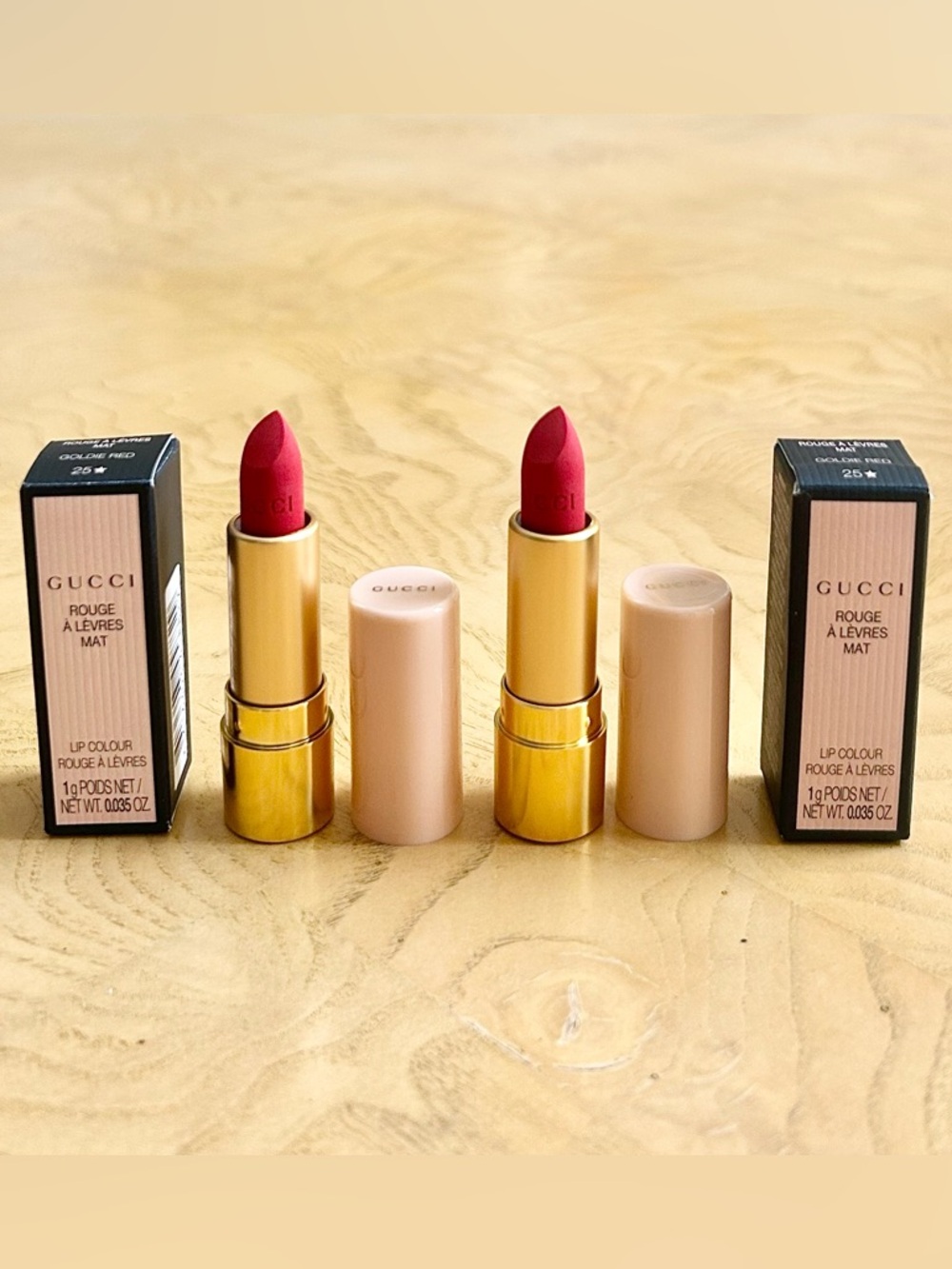 2 Pc Gucci Rouge A Levres Matte Lipstick Goldie Red Mini Travel